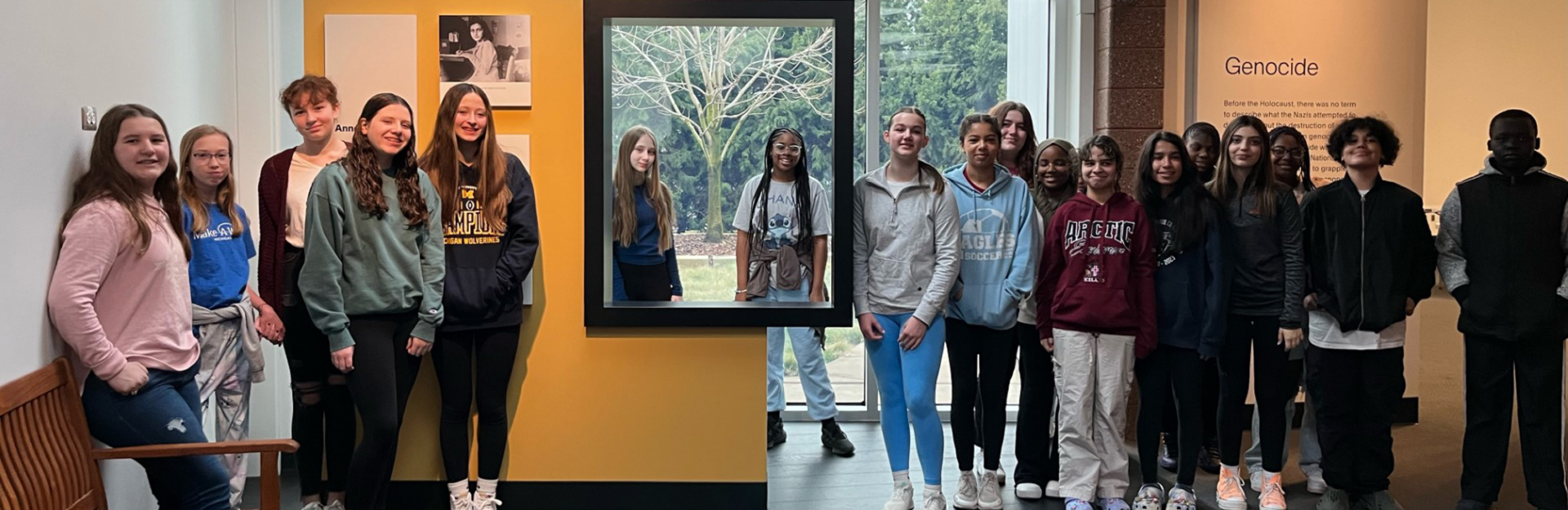 Holocaust books displayed in a library.